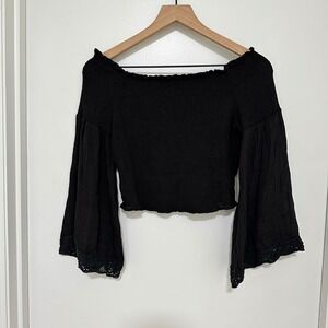 FLYING TOMATO | Black Smocked Off Shoulder Y2K Bell Sleeve Lace Trim Crop Top, L